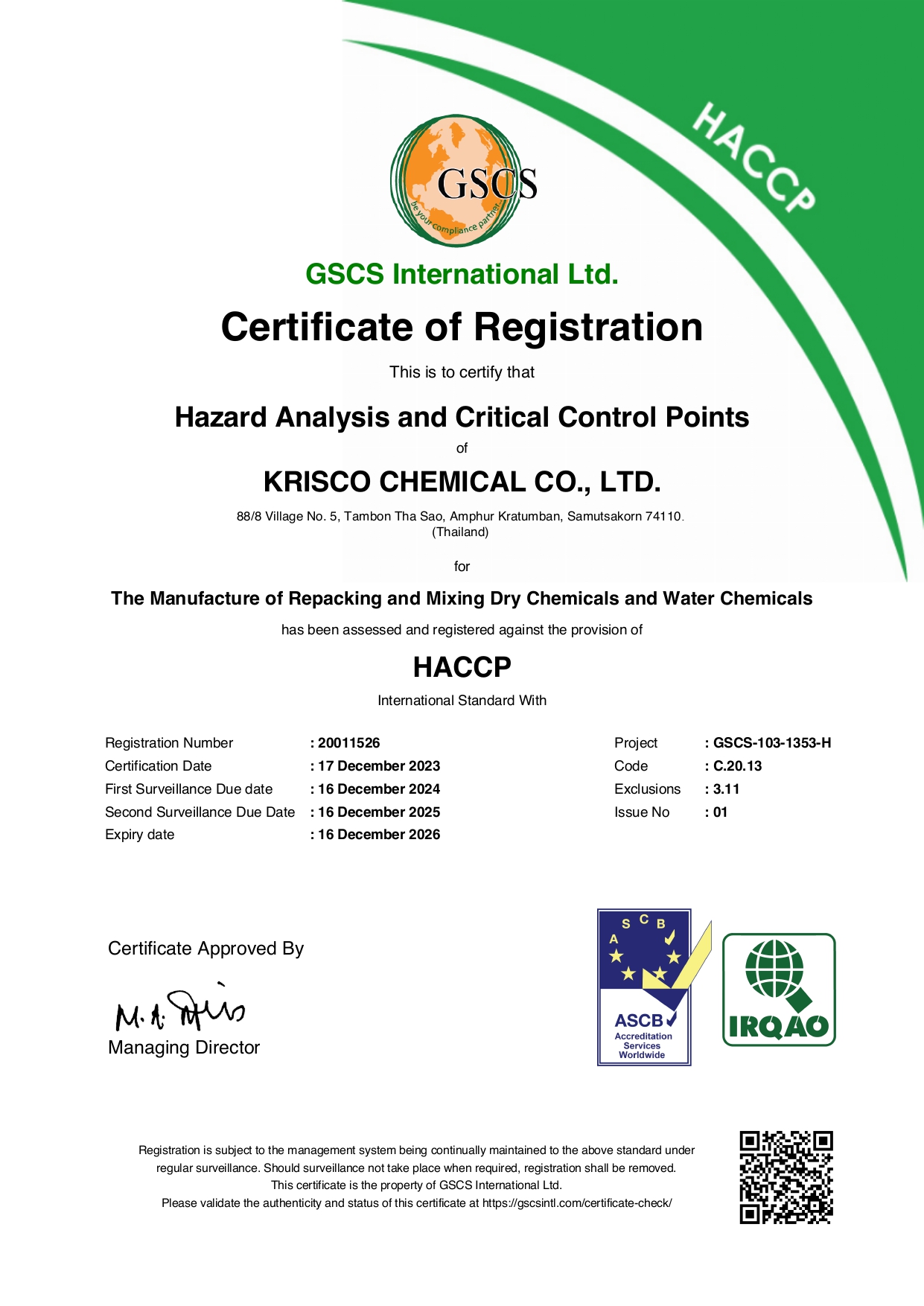 Certificate of Registration & Krisco chemical